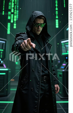Hooded hacker pointing at camera, cyber...-插圖素材 [135921377] - PIXTA圖庫