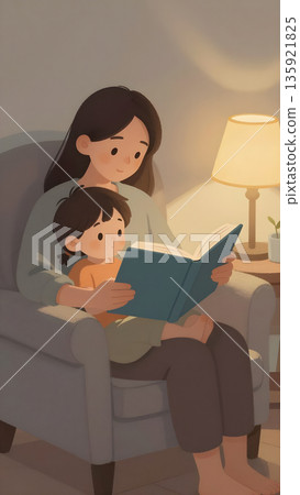 Illustration of a woman reading a book to a child while sitting in a cozy armchair beside a lamp and a small table with a plant Illustration of a woman reading a book to a child while sitting in a cozy armchair beside a lamp and a small table with a plant 135921825