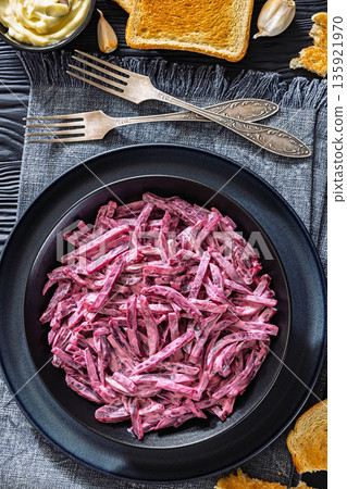 Beet salad with mayo and garlic in bowl Beet salad with mayo and garlic in bowl 135921970