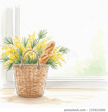 含羞草系列：市場插圖，籃子袋裡裝著含羞草雞尾酒和法國麵包 135922000