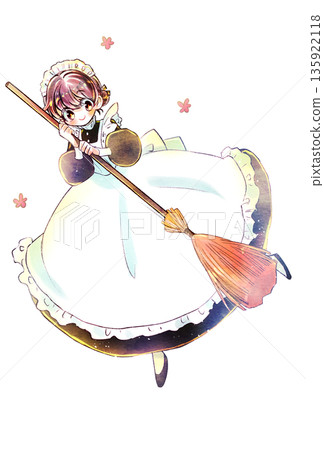 Smiling maid holding a broom Smiling maid holding a broom 135922118
