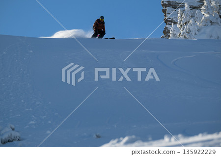 Skier on a snowy slope at crest ready to descend in an off-piste alpine freeride scene 135922229