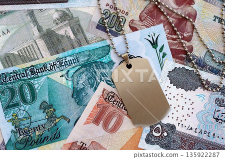 Egyptian pound currency money bills and military token close up. The concept of army service 135922287