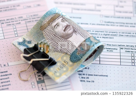 Bahraini dinar money bills on tax form close up. Taxation and accounting concept 135922326