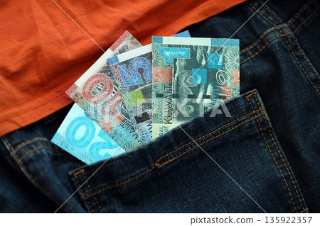 Kuwaiti dinar money bills in denims pocket close up. The concept of fashion and wealth Kuwaiti dinar money bills in denims pocket close up. The concept of fashion and wealth 135922357