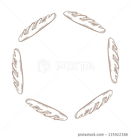 French baguette wreath in line art style. Loaf of bread card for bakery shop menu isolated on a white background. 135922386