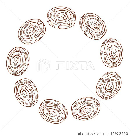 Cinnamon roll wreath in line art style. Sweet and tasty snack for breakfast cafe isolated on a white background. Cinnamon roll wreath in line art style. Sweet and tasty snack for breakfast cafe isolated on a white background. 135922390