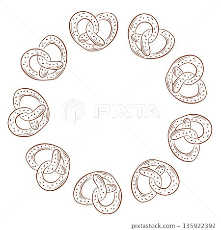Pretzel wreath in line art style. Bakery design for Oktoberfest holiday isolated on a white background. 135922392