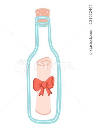 Cute cartoon message bottle with letter and bow isolated on background. 135922403