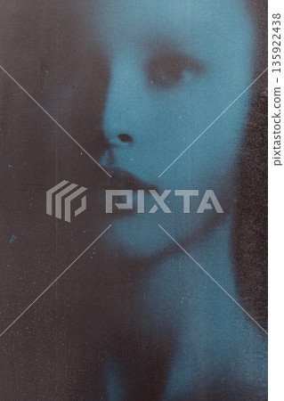 Abstract blue female portrait with textured overlay 135922438