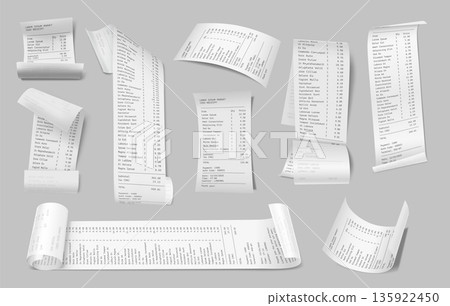Paper receipt 3d realistic mockup. Bill and invoice check shop. Receipt white rolls, register sale printed receipt. Vector isolated set Paper receipt 3d realistic mockup. Bill and invoice check shop. Receipt white rolls, register sale printed receipt. Vector isolated set 135922450