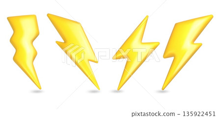 3d lightning icon. Bolt electric plastic yellow arrow, cartoon energy fast sign. Flash light power symbol realistic render, speed strike and thunder thunderbolt. Battery charger vector isolated set 135922451