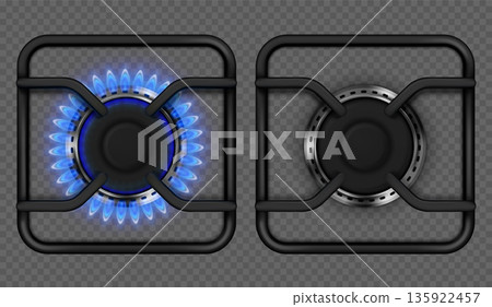 3d hob with fire. Gas stove realistic burner with blue flame top view. Cooking oven and stovetop burning propane ring. Gas energy glowing burner and kitchen cooktop flame. Isolated vector set 135922457