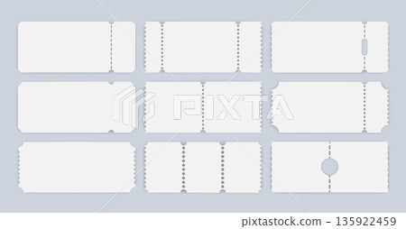 Movie paper ticket. Blank coupon, white voucher badge vector set. Discount cardboard card, empty circus or party tickets, event label frame isolated. Realistic admit one pass mockup Movie paper ticket. Blank coupon, white voucher badge vector set. Discount cardboard card, empty circus or party tickets, event label frame isolated. Realistic admit one pass mockup 135922459