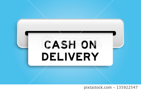 White coupon banner with word cash on delivery from machine on blue color background 135922547