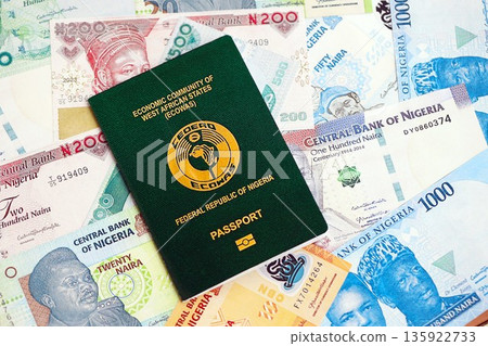Nigerian naira currency money bills and passport close up. The concept of travel and vacation 135922733