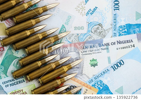 Nigerian naira currency money bills and rifle bullets close up. The concept of warfare and gun selling 135922736