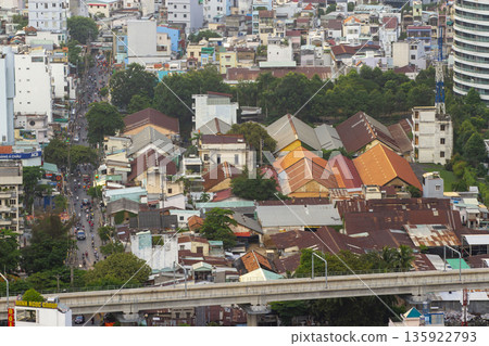 Aerial View Of Crowd Local Houses And Elevated Metro Railway In Ho Chi Minh City, Vietnam. 135922793