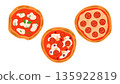 Set of whole round pizzas with different toppings including Margherita, pepperoni and mushroom. Italian food top view illustrations isolated on white 135922819