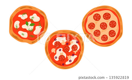 Set of whole round pizzas with different toppings including Margherita, pepperoni and mushroom. Italian food top view illustrations isolated on white Set of whole round pizzas with different toppings including Margherita, pepperoni and mushroom. Italian food top view illustrations isolated on white 135922819