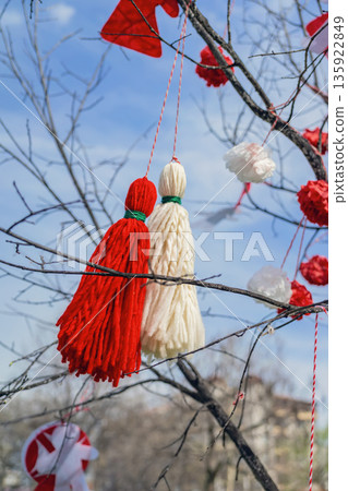Closeup of Martenitsa wool dolls in red and white hanging on bare tree branch under blue sky. Bulgarian folk culture. Concept of cultural tradition, spring hope, festive folklore 135922849