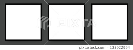 Set of 3 square blank poster mockups with black frames on dark grey background, minimalist art and photography presentation templates. 135922994