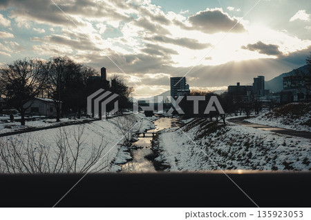 Snowy morning by the river Snowy morning by the river 135923053
