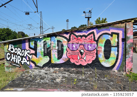 The old wall decorated with paint stains in the style of street art culture. Colorful background of full graffiti painting artwork with bright aerosol outlines on wall. Colored background texture 135923057