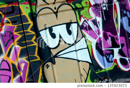 Colorful background of graffiti painting artwork with bright aerosol outlines on wall. Old school street art piece made with aerosol spray paint cans. Contemporary youth culture backdrop 135923073