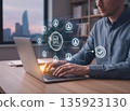 Businessman Working on Laptop with Futuristic Digital Hologram Overlay showing Document Approval Workflow. Tech Concept for Collaboration, Data Management, and Remote Corporate Productivity. 135923130