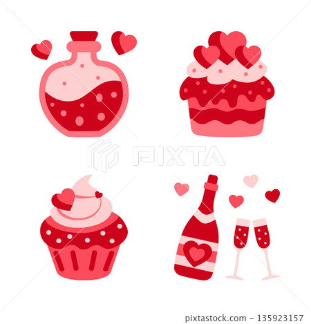 Playful love themed sticker design, Cute pink and red romantic celebration symbols Playful love themed sticker design, Cute pink and red romantic celebration symbols 135923157