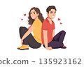 Young couple in love sitting on the floor back to back with hearts. Illustration, card. 135923162