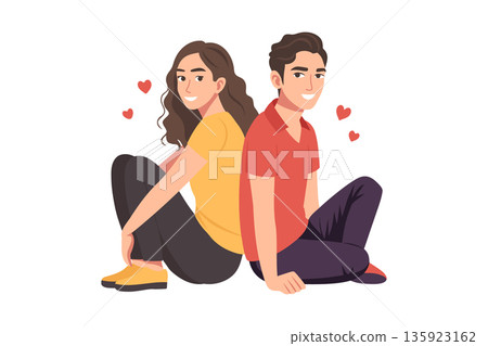 Young couple in love sitting on the floor back to back with hearts. Illustration, card. 135923162