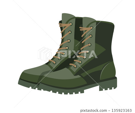 Green military combat boots on a white background. Illustration, card. Green military combat boots on a white background. Illustration, card. 135923163