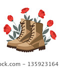 Military combat boots with red poppies. Illustration, card. 135923164