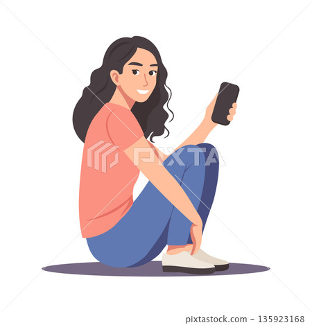 Young woman smiling and holding a smartphone while sitting on the floor. Illustration. Young woman smiling and holding a smartphone while sitting on the floor. Illustration. 135923168