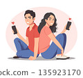 Happy couple sitting back to back holding phones with hearts. Festive card, illustration. 135923170