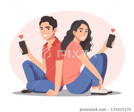 Happy couple sitting back to back holding phones with hearts. Festive card, illustration. Happy couple sitting back to back holding phones with hearts. Festive card, illustration. 135923170