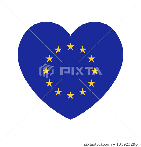 European Union flag in heart shape. EU flag, yellow stars on blue heart. European Union flag push button, badge. 135923290