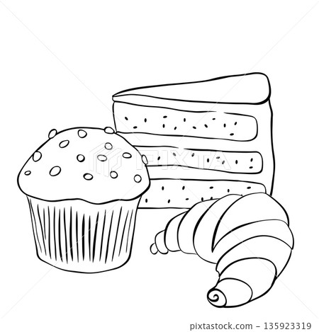 Danish Pastry and Dessert Illustration. Muffin cake croissant Cafe composition hand drawn illustration. Vector graphic line ink Black white art. Sample poster, invitation, holiday banner, postcard. Danish Pastry and Dessert Illustration. Muffin cake croissant Cafe composition hand drawn illustration. Vector graphic line ink Black white art. Sample poster, invitation, holiday banner, postcard. 135923319