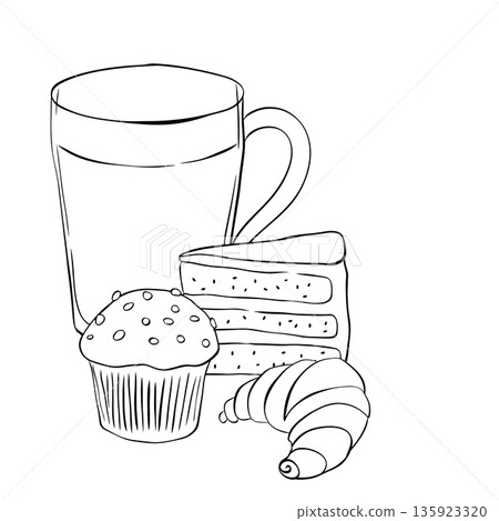 Coffee muffin cake croissant Cafe composition hand drawn illustration. Vector graphic line ink Black white art. Silhouette sign for logo, print, comics, fashion, pop art, boards, design, stickers, Coffee muffin cake croissant Cafe composition hand drawn illustration. Vector graphic line ink Black white art. Silhouette sign for logo, print, comics, fashion, pop art, boards, design, stickers, 135923320