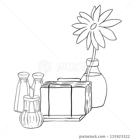Tea time setup illustration Cafe composition hand drawn illustration. Vector graphic line ink Black white art. Whimsical hand drawn elements of hot beverage with dessert 135923322