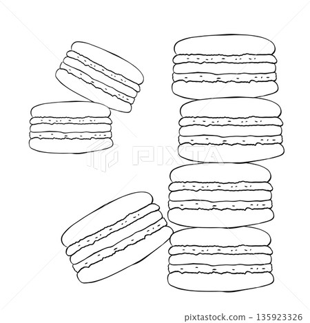 A stack of Black white macarons, showcasing a variety of flavors and textures, arranged in a visually appealing tower. Cafe composition hand drawn illustration. Vector graphic line ink art. A stack of Black white macarons, showcasing a variety of flavors and textures, arranged in a visually appealing tower. Cafe composition hand drawn illustration. Vector graphic line ink art. 135923326