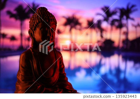 Buddha Purnima and Vesak day concept, Buddha statue with low key light against beautiful and colorful background close up. Meditation 135923443