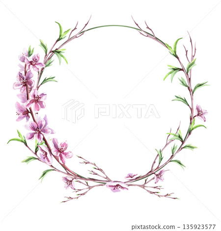 A wreath of young peach branches with flowers. Isolated watercolor illustration in a realistic style for postcards, interiors, spring holidays, packaging, and poster printing. A wreath of young peach branches with flowers. Isolated watercolor illustration in a realistic style for postcards, interiors, spring holidays, packaging, and poster printing. 135923577