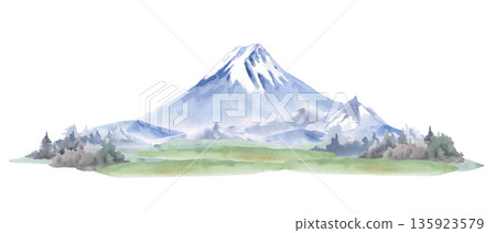 A landscape with a view of Mount Fuji. Isolated watercolor illustration in a realistic style for postcards, interiors, spring holidays, packaging, and poster printing. A landscape with a view of Mount Fuji. Isolated watercolor illustration in a realistic style for postcards, interiors, spring holidays, packaging, and poster printing. 135923579