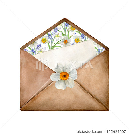 Open craft envelope with a letter, floral lining and a narcissus seal. Hand-painted watercolor illustration isolated on a white. Good for invitations, greeting cards, stationery, and spring designs Open craft envelope with a letter, floral lining and a narcissus seal. Hand-painted watercolor illustration isolated on a white. Good for invitations, greeting cards, stationery, and spring designs 135923607