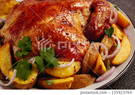 fried, baked chicken, in the oven, with spices, and rustic potatoes, top view, homemade, 135923764