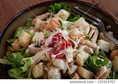 classic Caesar salad, close-up, natural light, selective focus, horizontal, classic Caesar salad, close-up, natural light, selective focus, horizontal, 135923767