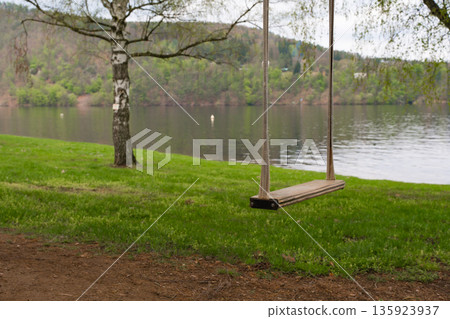 Wooden swing hanging near lake shore with forested hills in Nova Zivohost, Czech Republic. 135923937